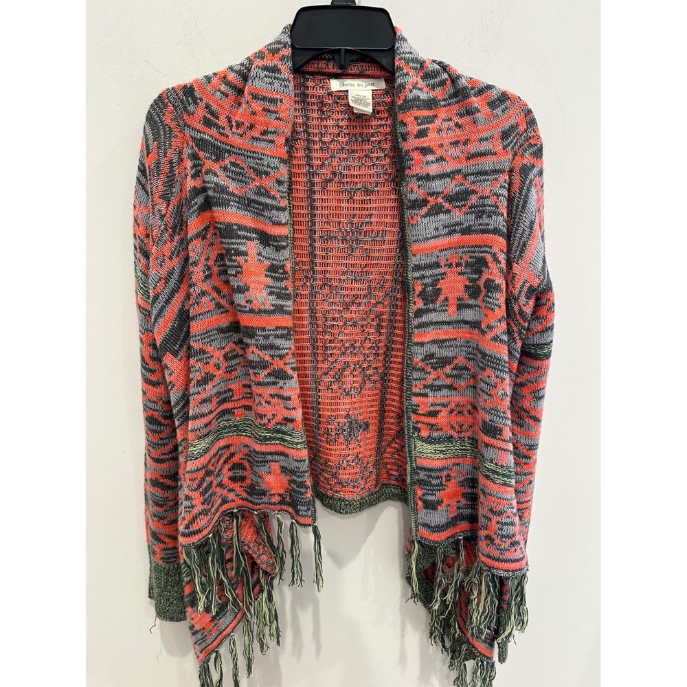 Belle Du Jour Womens Medium Orange Tribal Fringe Open Front Cardigan Sweater